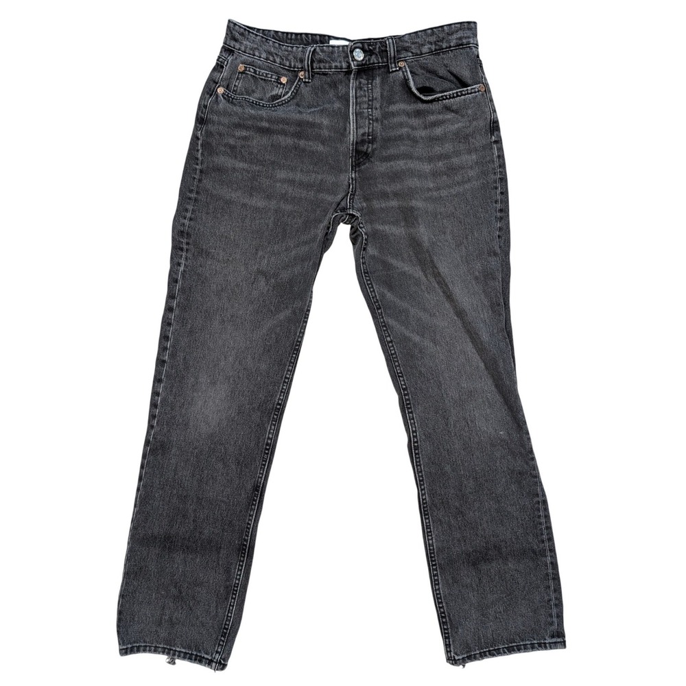 Zara Size 10 Button Fly Black Grey Distressed Straight‎ Leg Denim Jeans